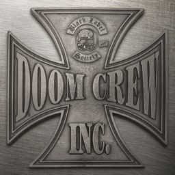 A graphic of an embossed cross on a silver steel texture with the words Doom Crew Inc. and the Black Label Society logo on it.